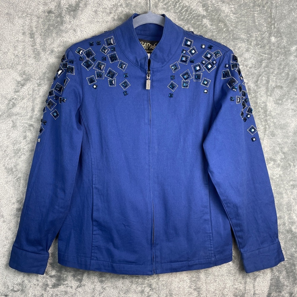Bob Mackie Wearable Art Jacket Small‎ Blue Embellished Full Zip Cotton Stretch